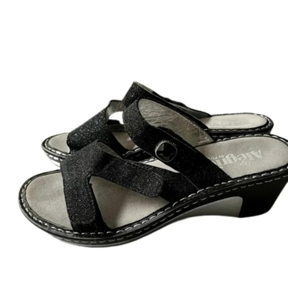 Alegria Loti Glitterati Black Wedge Platform Sandals  EU 38